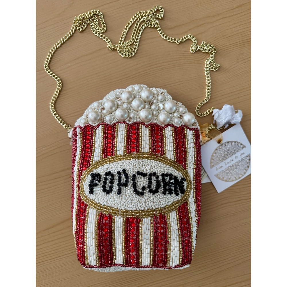 Rare Viral Beaded Popcorn Crossbody Bag Novelty Pearl Clutch Red White